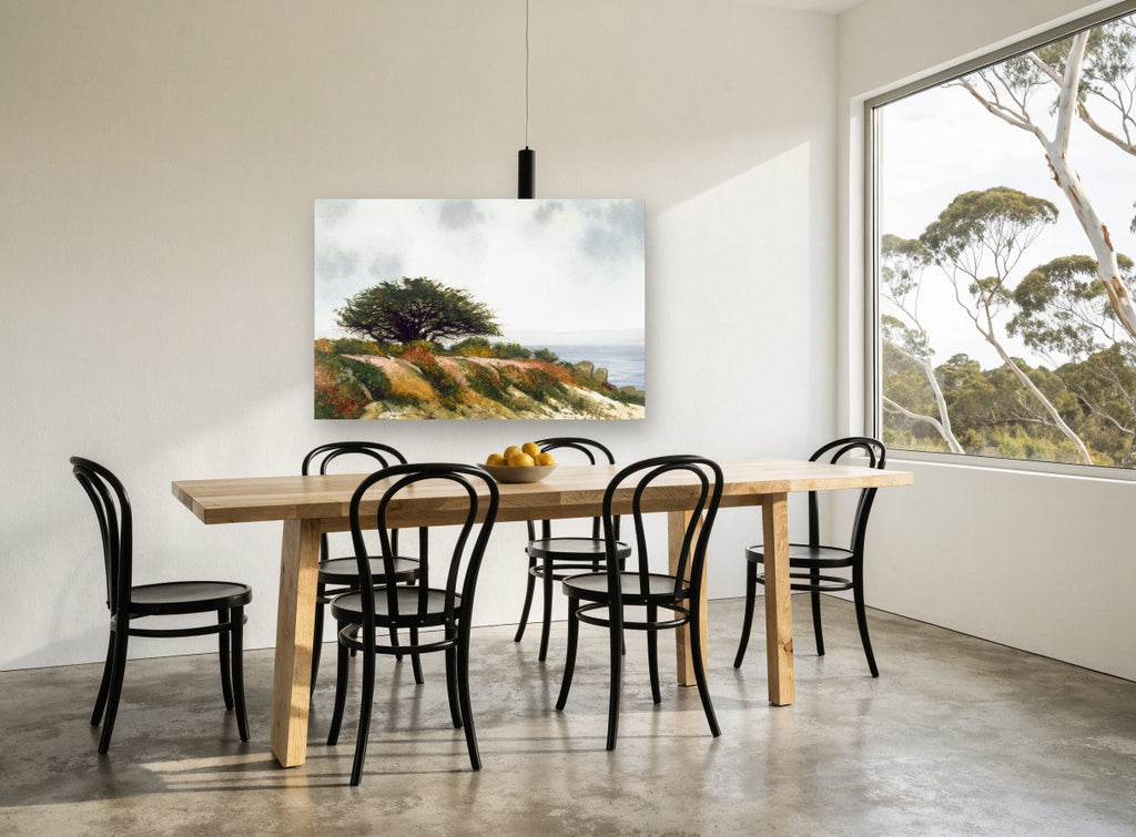 Windswept Cypress Headland coastal canvas print on the wall of a dining room
