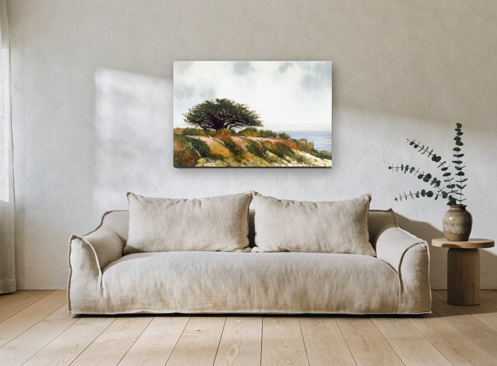 Windswept Cypress Headland coastal canvas print on the wall of a living room