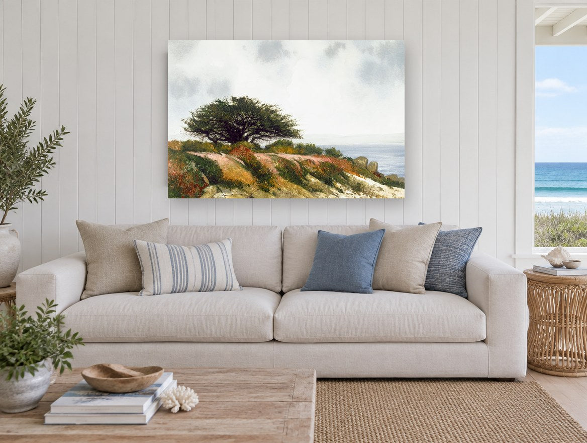 Windswept Cypress Headland coastal canvas print on the wall of a beach house living room