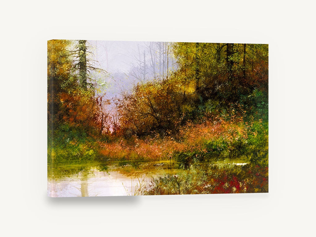 Autumn Pond Haze, autumn forest pond landscape artwork, landscape canvas wall art print ready to hang