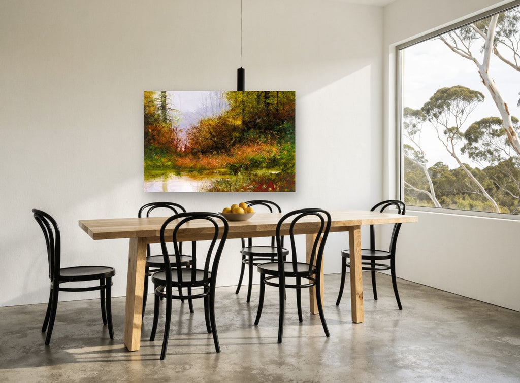 Autumn Pond Haze landscape canvas print on the wall of a dining room