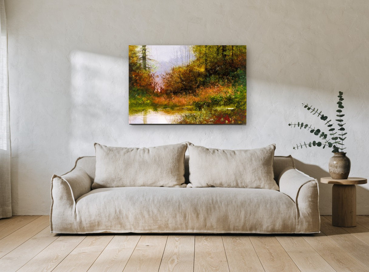 Autumn Pond Haze landscape canvas print on the wall of a living room