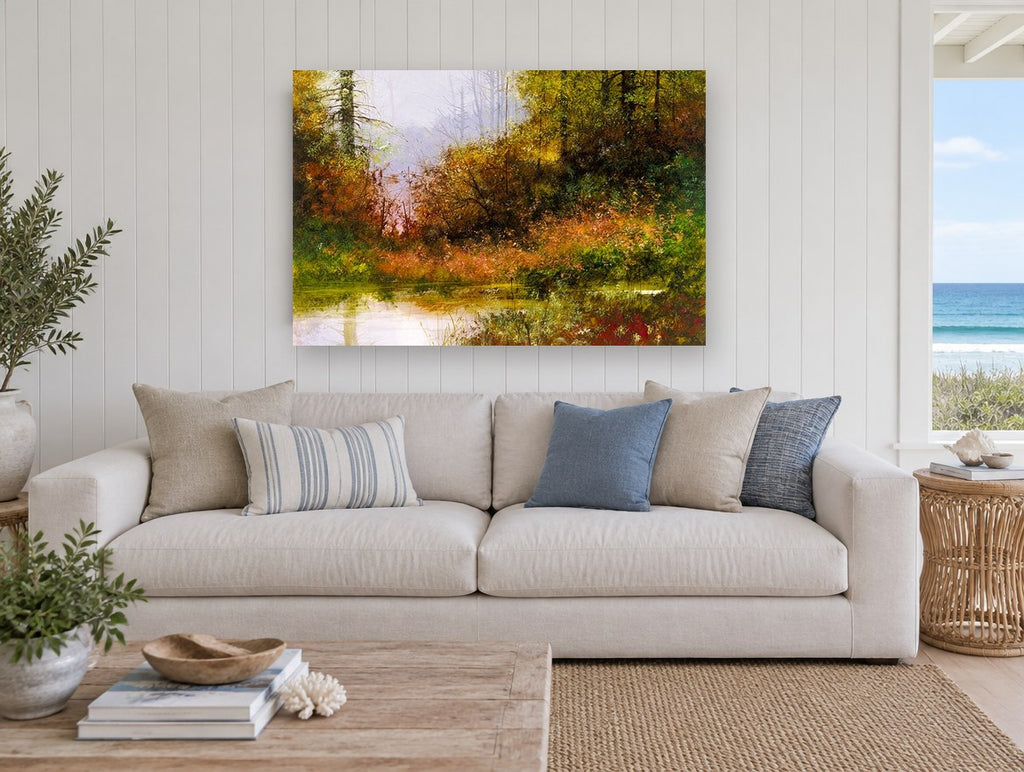 Autumn Pond Haze landscape canvas print on the wall of a beach house living room