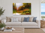 Autumn Pond Haze landscape canvas print on the wall of a beach house living room