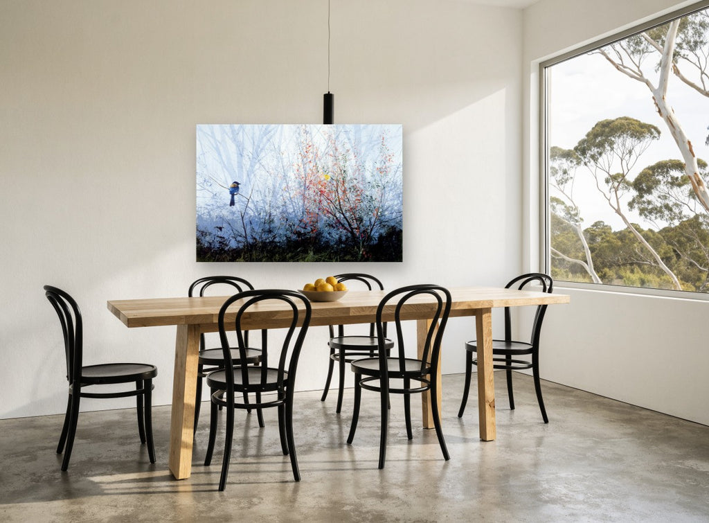 Blue Bird in Mist landscape canvas print on the wall of a dining room