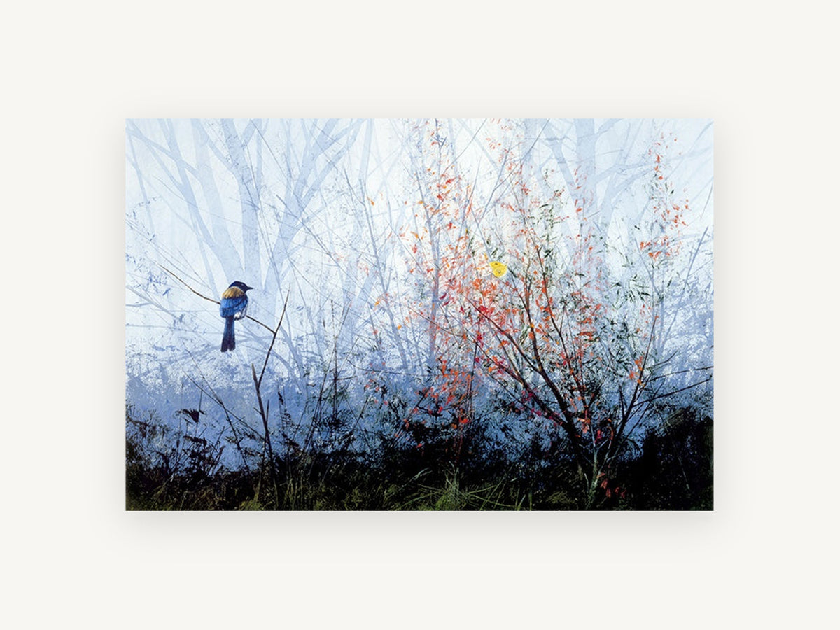 Blue Bird in Mist, blue bird misty forest artwork, landscape canvas wall art print, front view