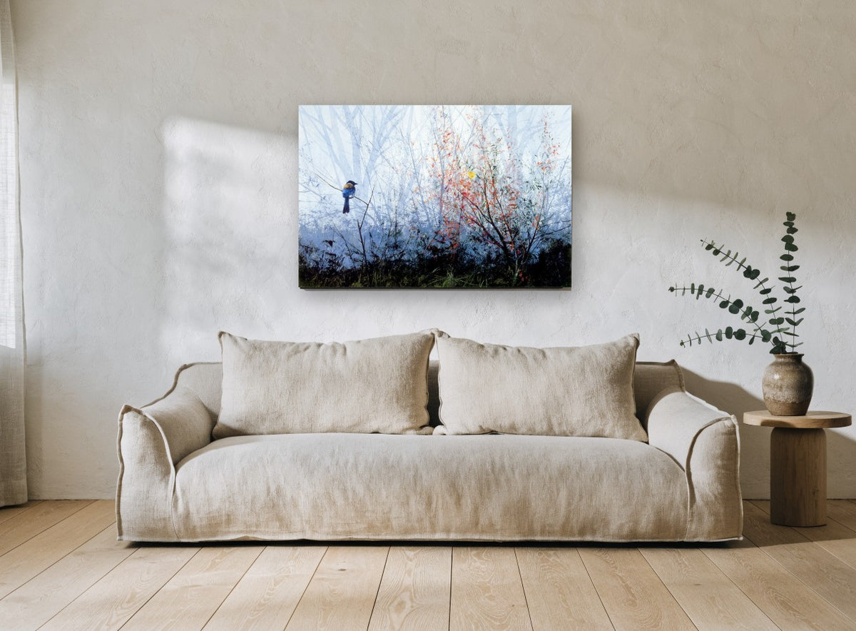 Blue Bird in Mist landscape canvas print on the wall of a living room
