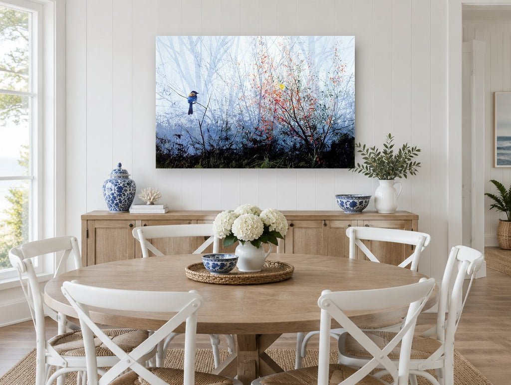 Blue Bird in Mist landscape canvas print on the wall of a Hamptons dining room