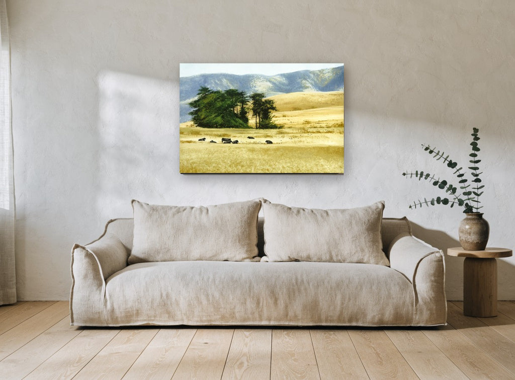 Cattle Rest Golden Hills landscape canvas print on the wall of a living room