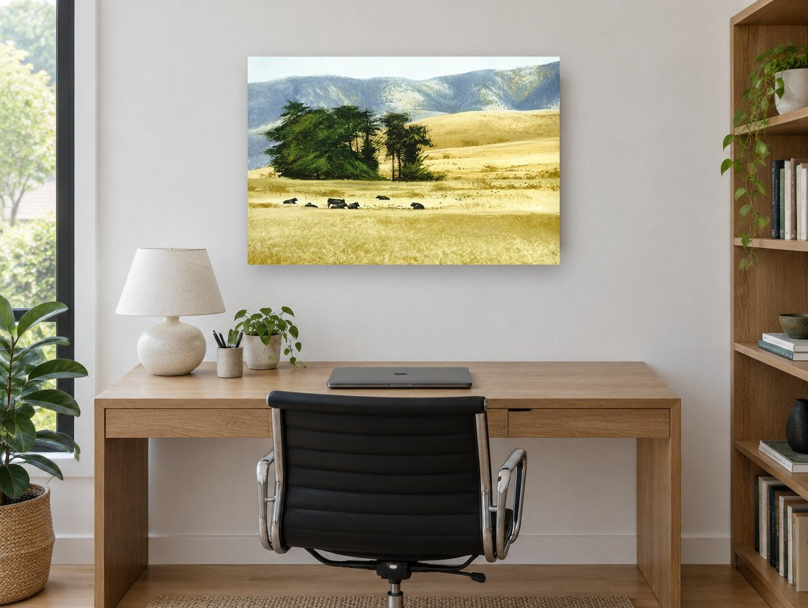 Cattle Rest Golden Hills landscape canvas print on the wall of a study