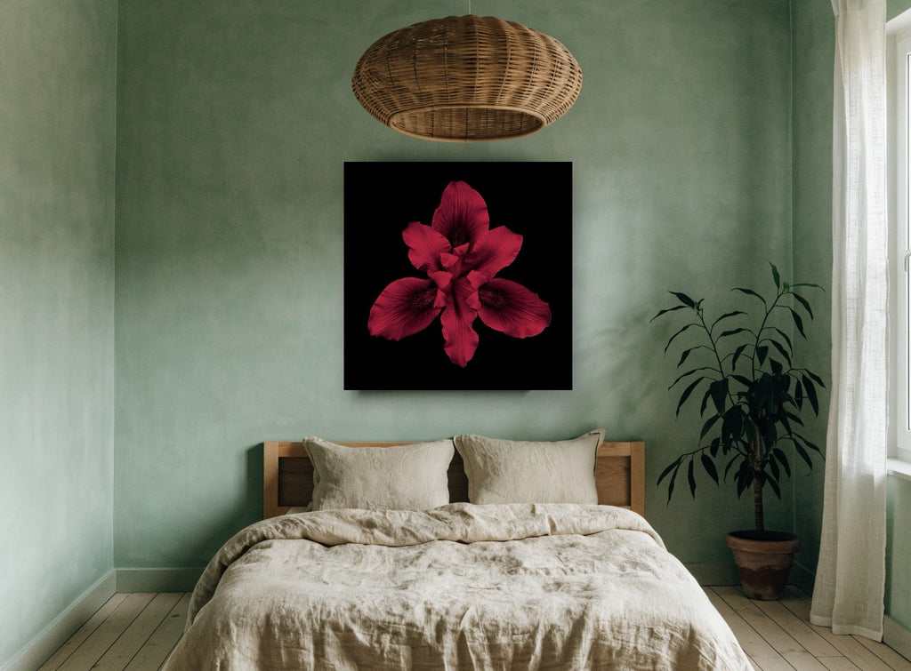 Crimson Iris Bloom floral canvas print on the wall of a bedroom
