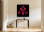 Crimson Iris Bloom floral canvas print on the wall of a hallway