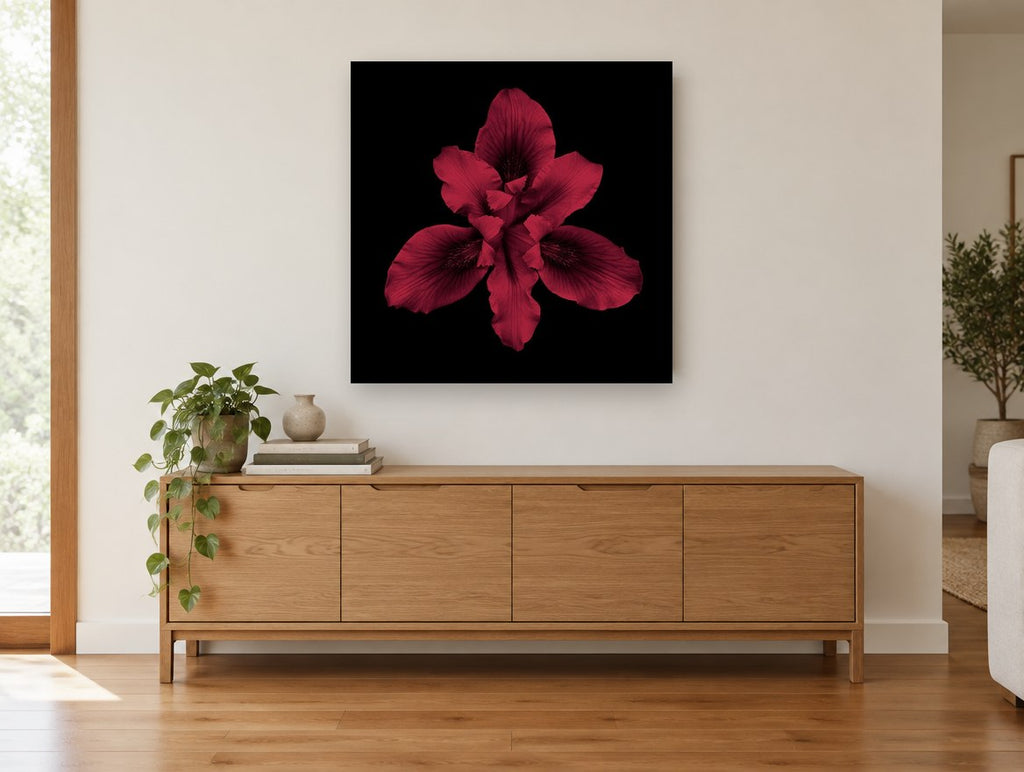 Crimson Iris Bloom floral canvas print on the wall of a living room above a sideboard