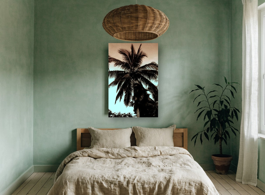 Palm Against Dusk floral canvas print on the wall of a bedroom