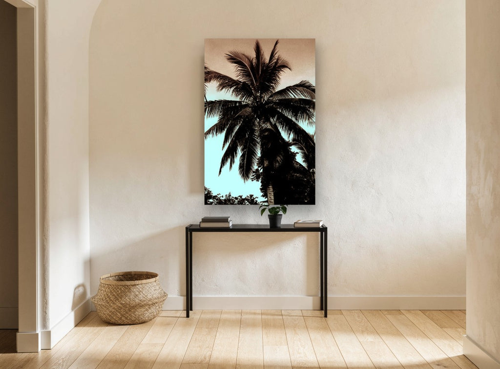 Palm Against Dusk floral canvas print on the wall of a hallway