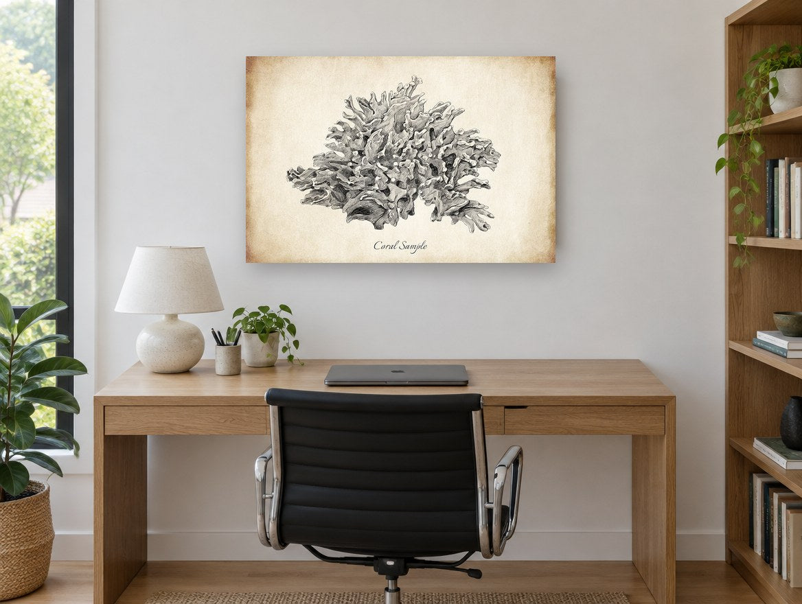 Sepia Coral Study coastal canvas print on the wall of a study