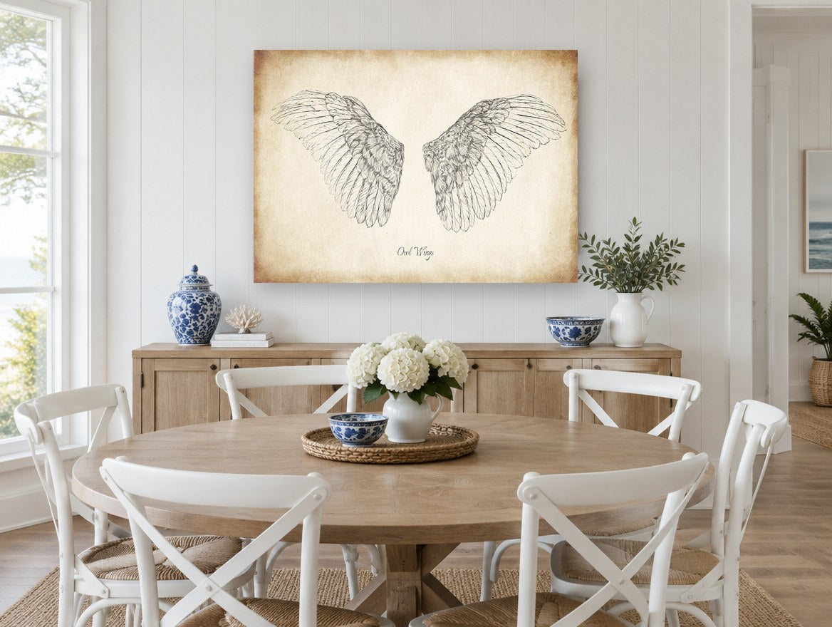 Spread Owl Wings animal canvas print on the wall of a Hamptons dining room