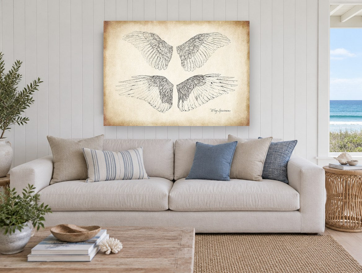 Four Feathered Wings animal canvas print on the wall of a beach house living room