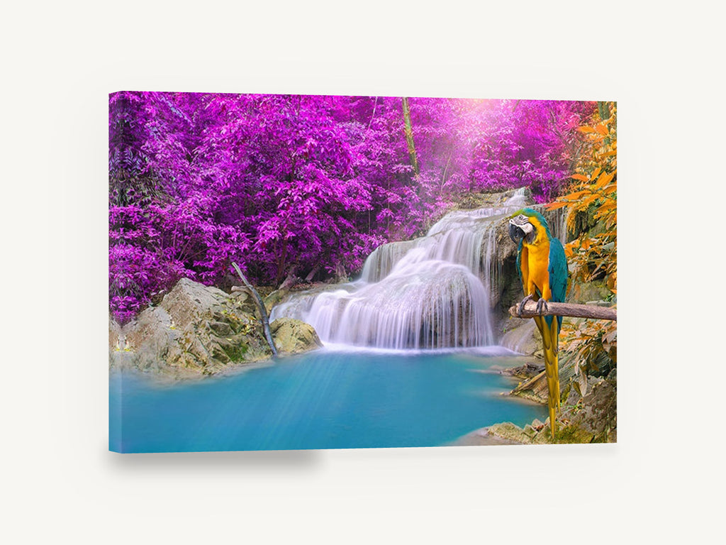 Macaw at Violet Falls, tropical waterfall macaw photograph, landscape canvas wall art print ready to hang