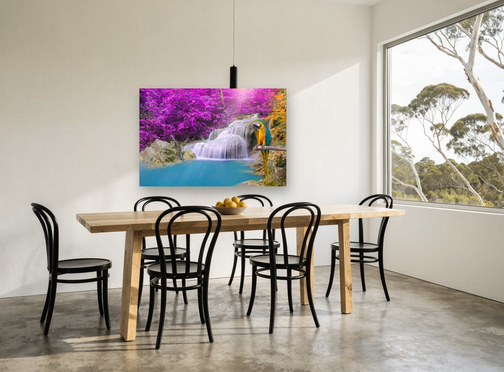 Macaw at Violet Falls landscape canvas print on the wall of a dining room