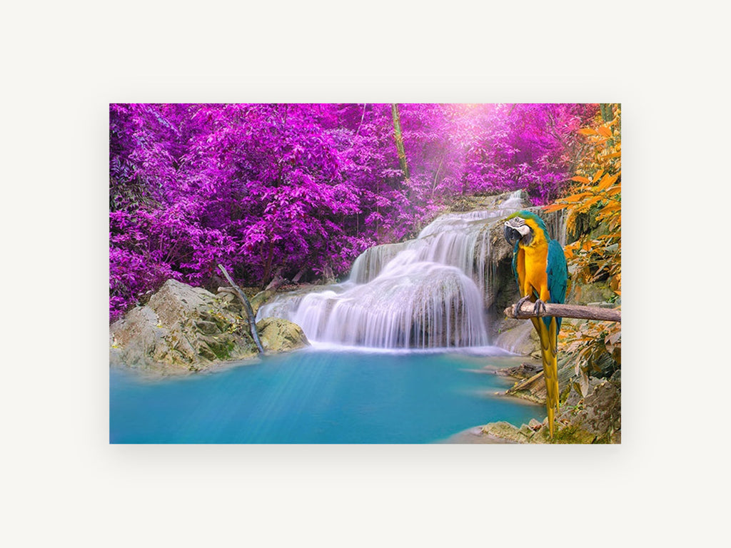 Macaw at Violet Falls, tropical waterfall macaw photograph, landscape canvas wall art print, front view