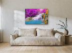 Macaw at Violet Falls landscape canvas print on the wall of a living room