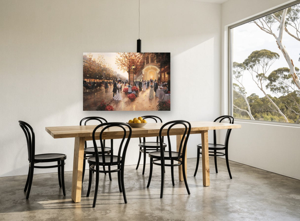 Evening on the Boulevard city canvas print on the wall of a dining room