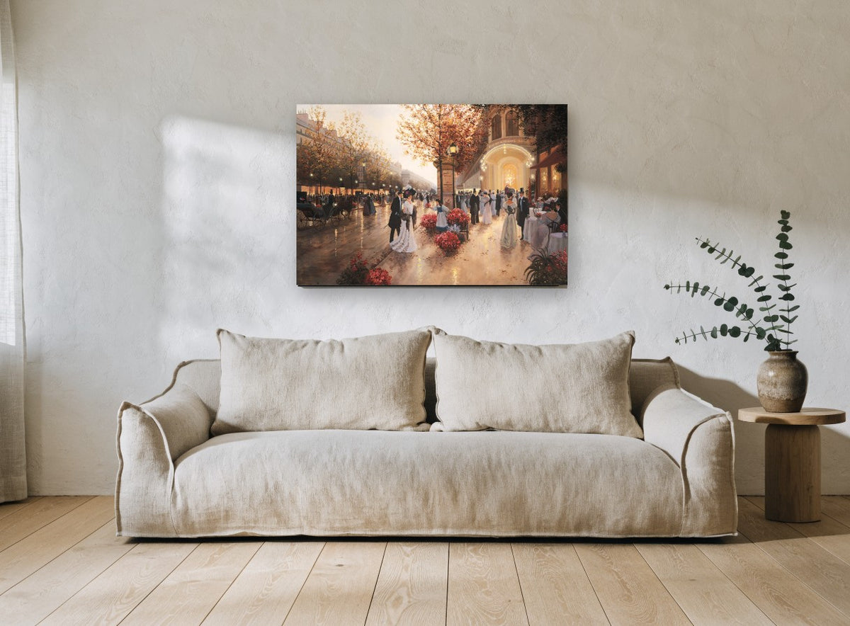 Evening on the Boulevard city canvas print on the wall of a living room
