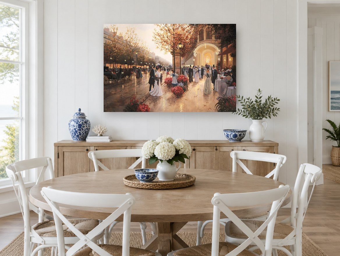 Evening on the Boulevard city canvas print on the wall of a Hamptons dining room