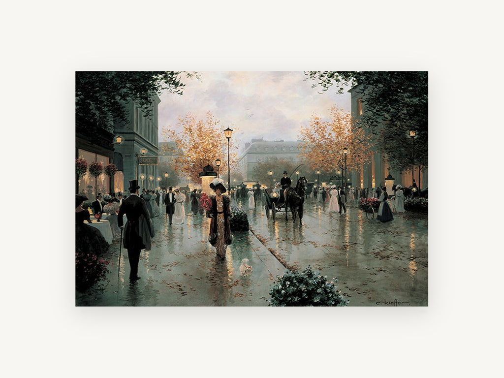 Autumn Boulevard Promenade, paris autumn street scene painting, city canvas wall art print, front view
