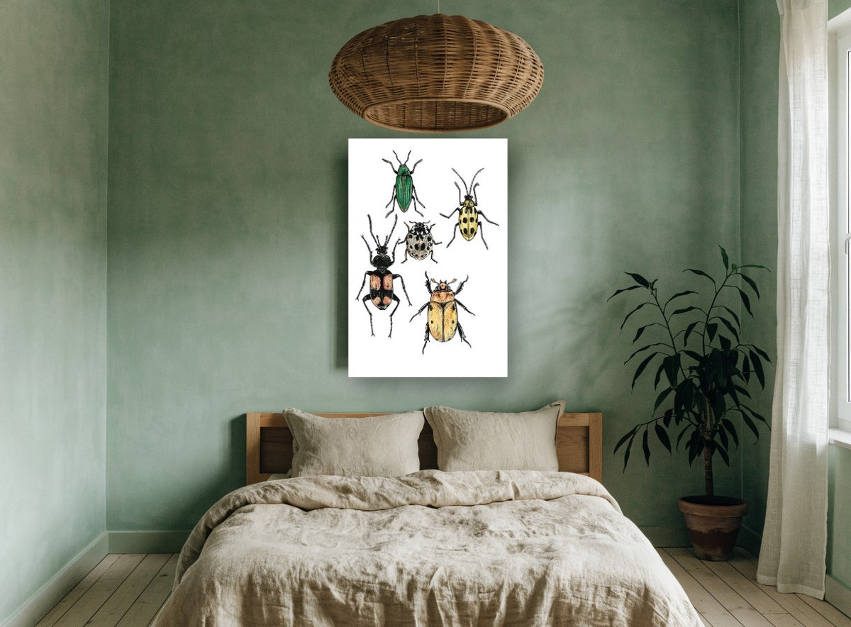 Five Spotted Beetles animal canvas print on the wall of a bedroom