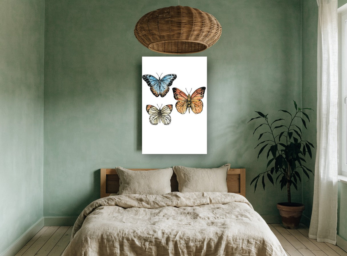 Three Butterfly Study animal canvas print on the wall of a bedroom