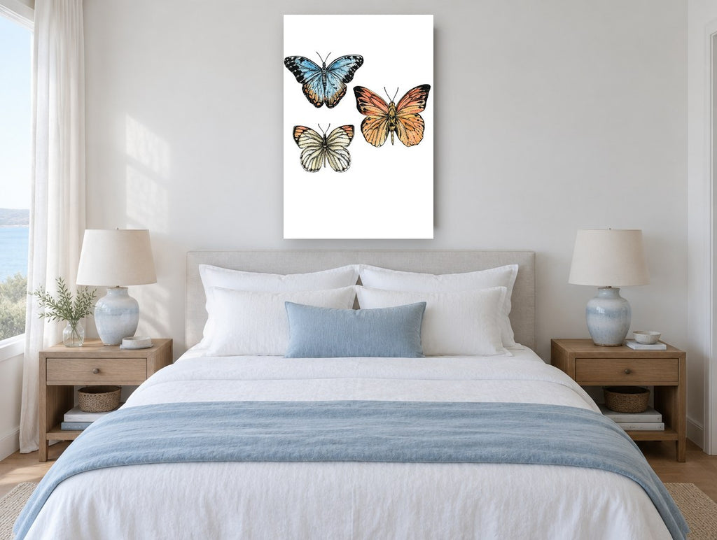 Three Butterfly Study animal canvas print on the wall of a bedroom