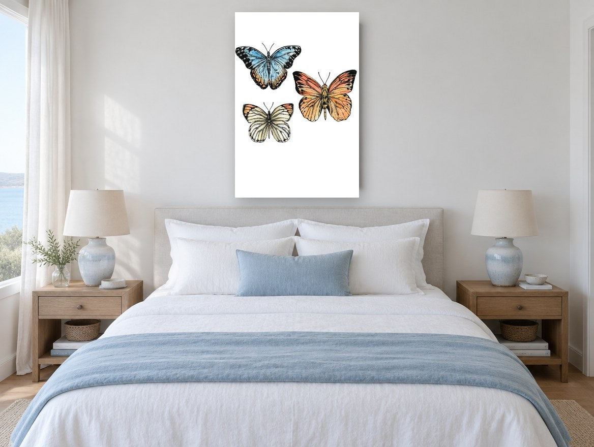 Three Butterfly Study animal canvas print on the wall of a bedroom