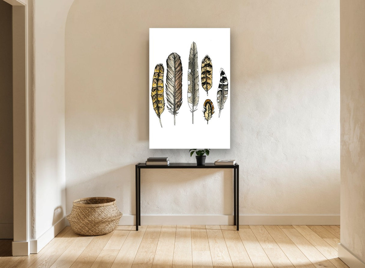 Six Owl Feathers animal canvas print on the wall of a hallway