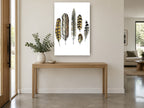 Six Owl Feathers animal canvas print on the wall of a entry hall