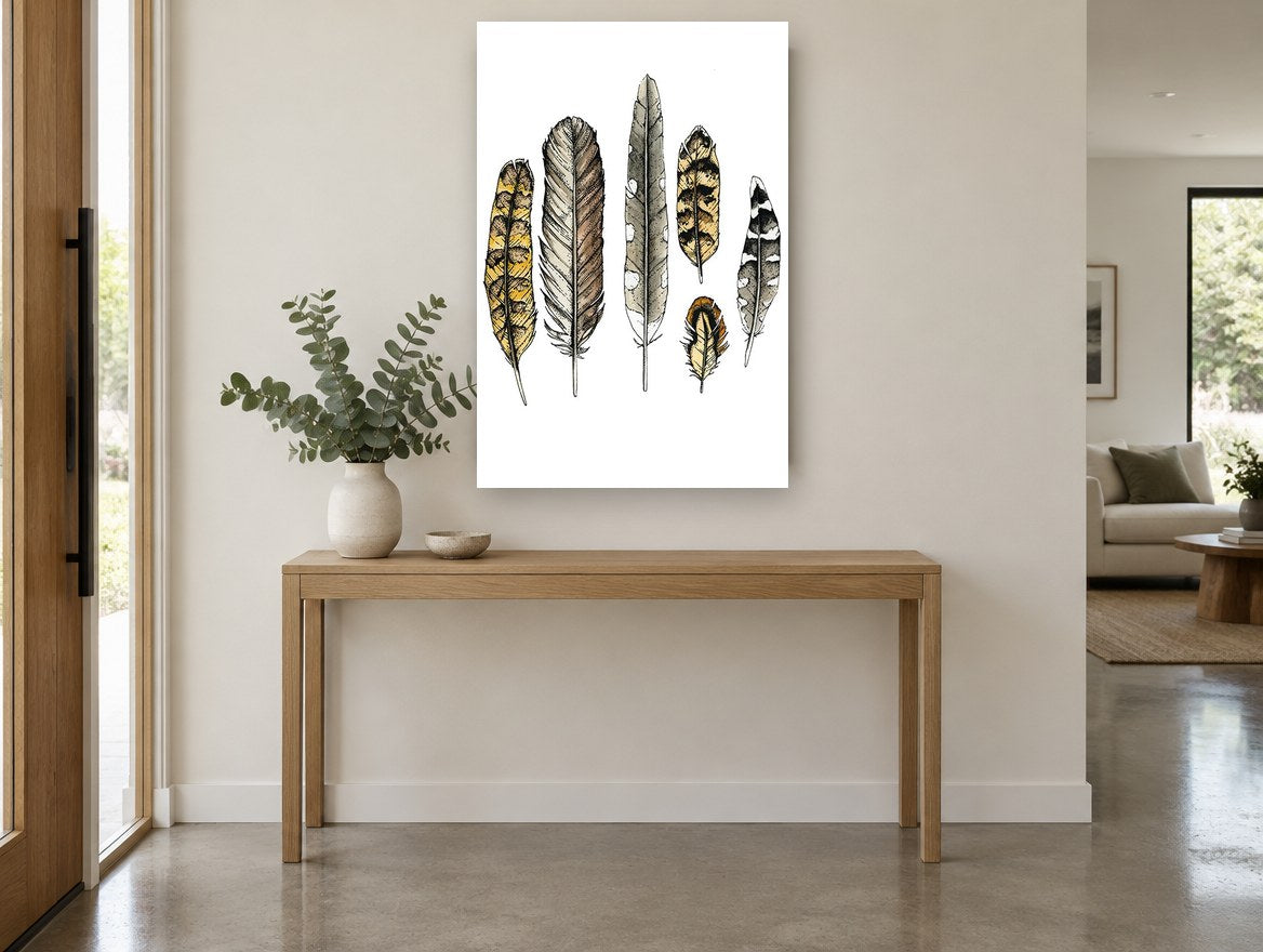 Six Owl Feathers animal canvas print on the wall of a entry hall