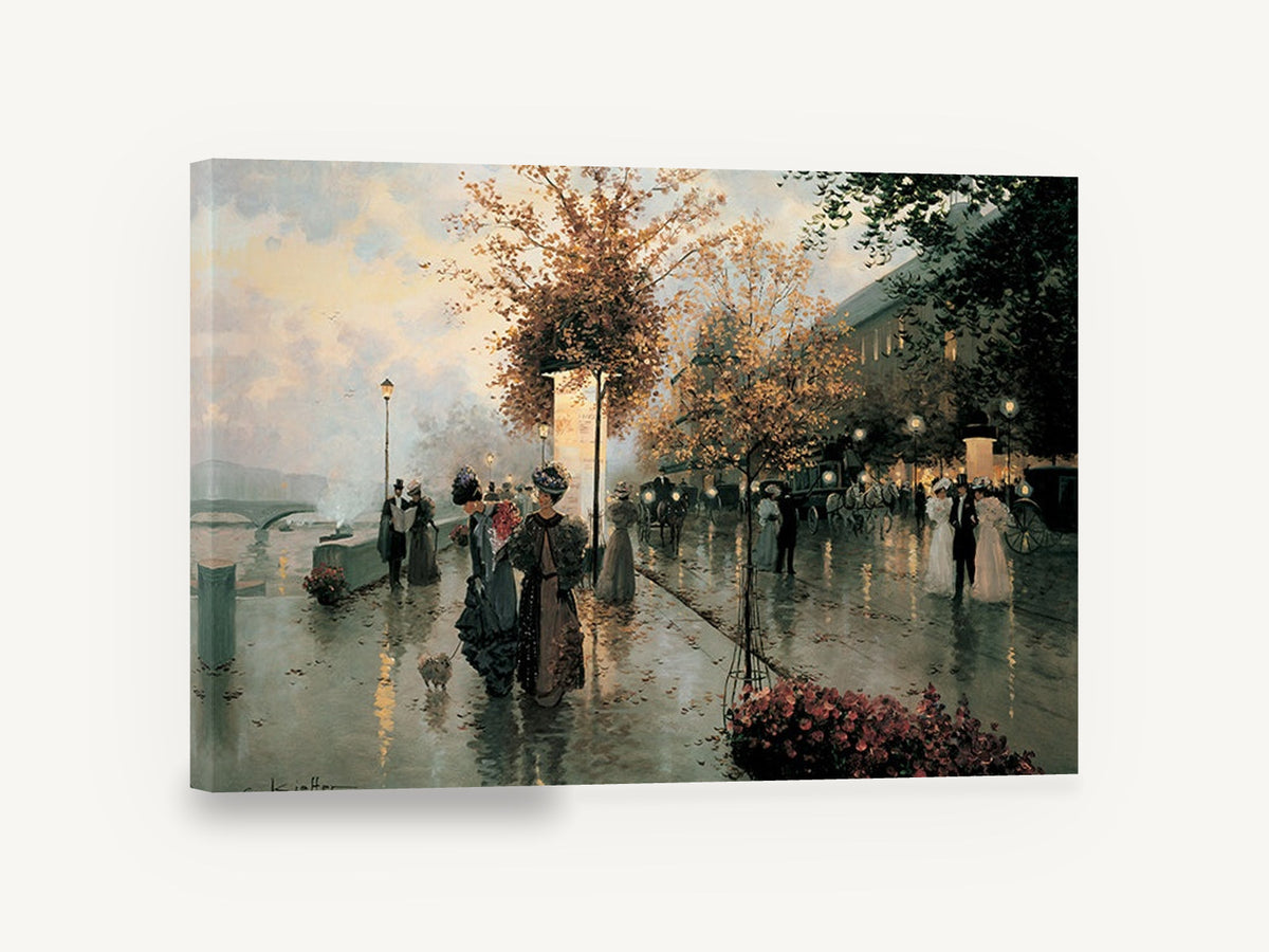 Rainy Quai Promenade, paris riverside street scene painting, city canvas wall art print ready to hang