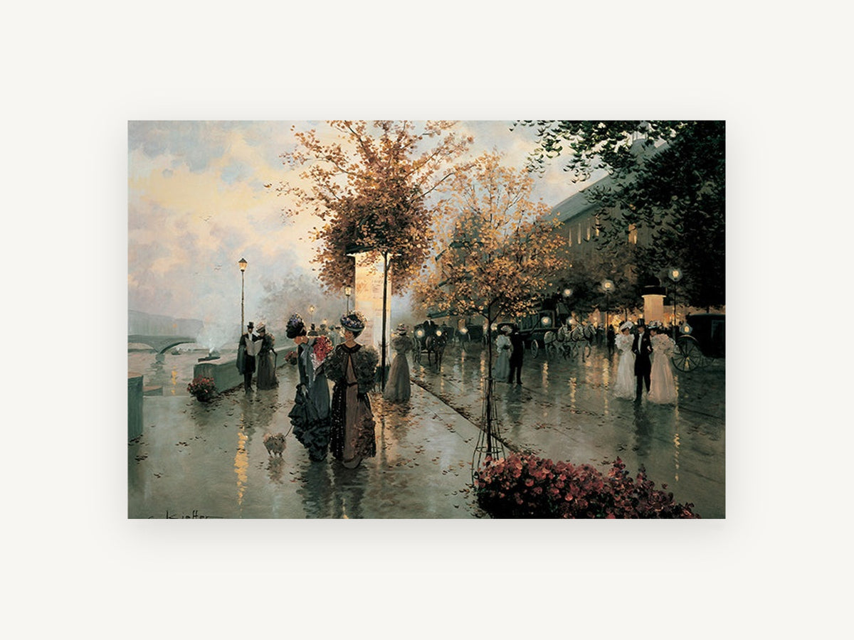 Rainy Quai Promenade, paris riverside street scene painting, city canvas wall art print, front view