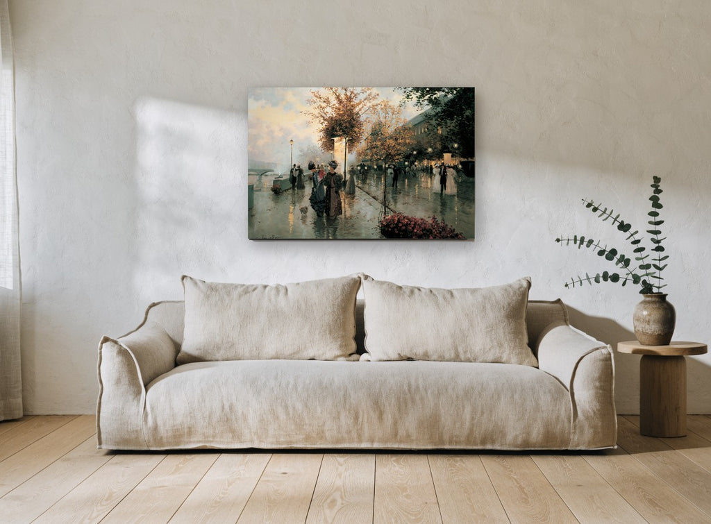Rainy Quai Promenade city canvas print on the wall of a living room