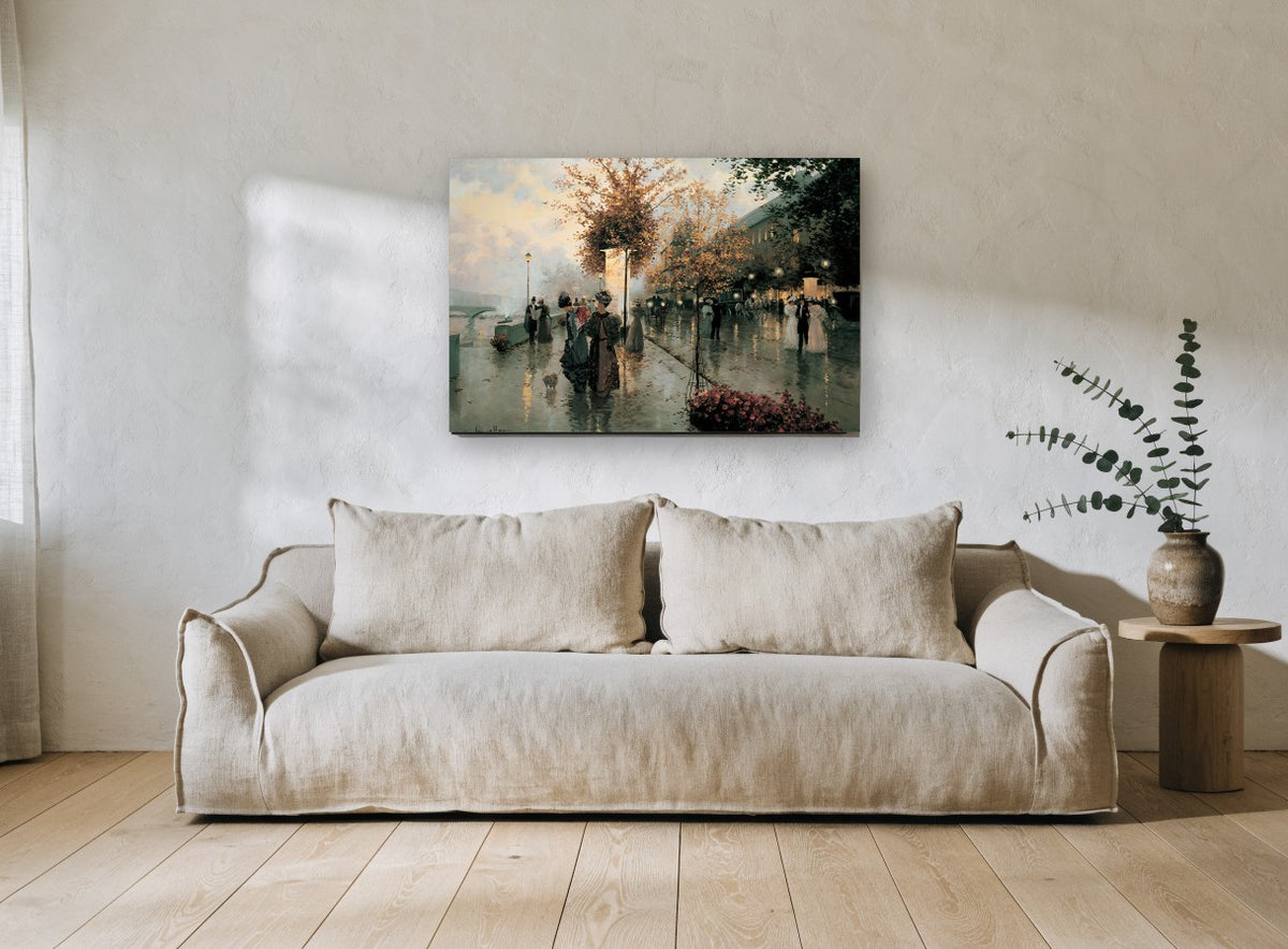 Rainy Quai Promenade city canvas print on the wall of a living room