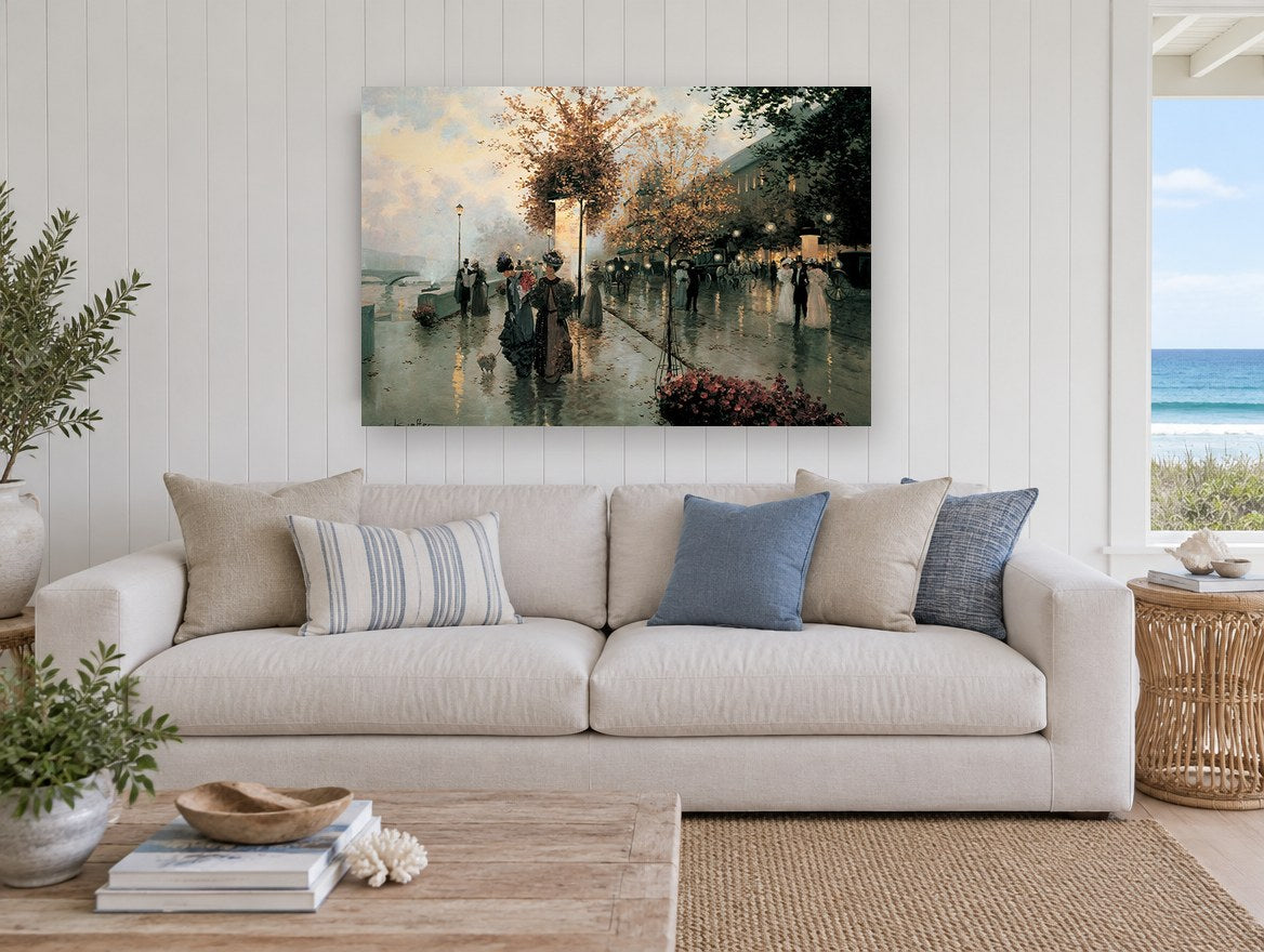 Rainy Quai Promenade city canvas print on the wall of a beach house living room