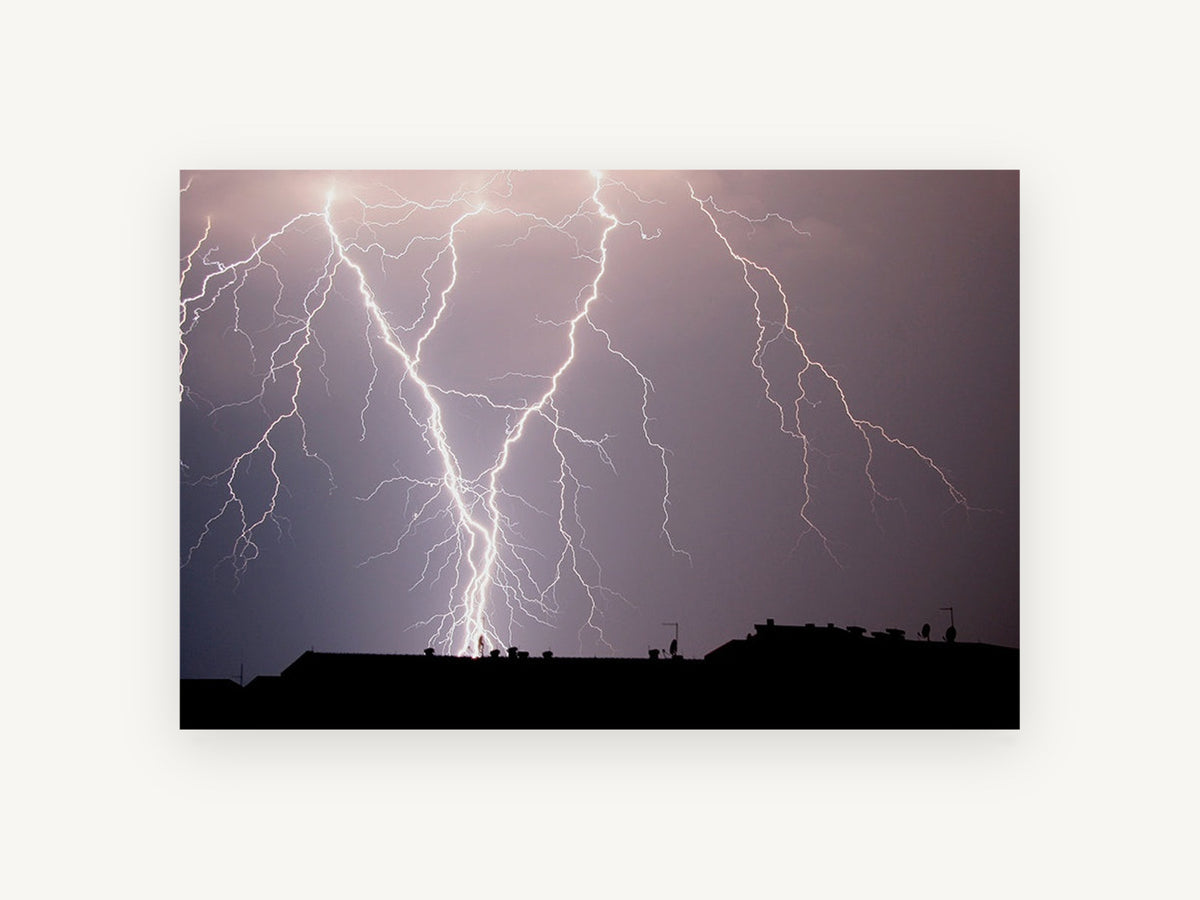 Forked Storm Light, lightning storm over rooftops photograph, landscape canvas wall art print, front view