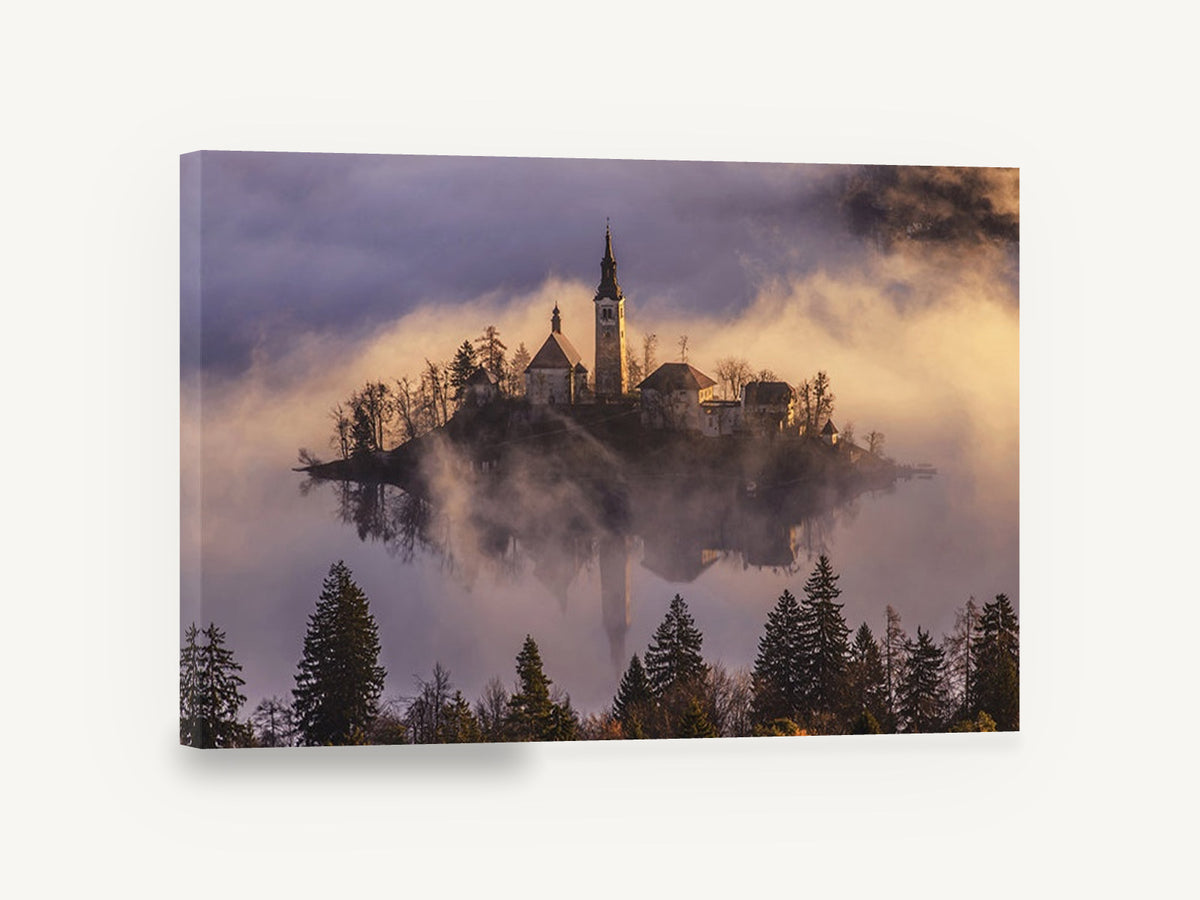 Island Church Dawn, misty island church lake photograph, landscape canvas wall art print ready to hang