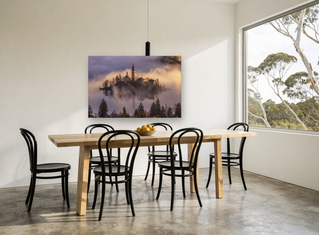 Island Church Dawn landscape canvas print on the wall of a dining room