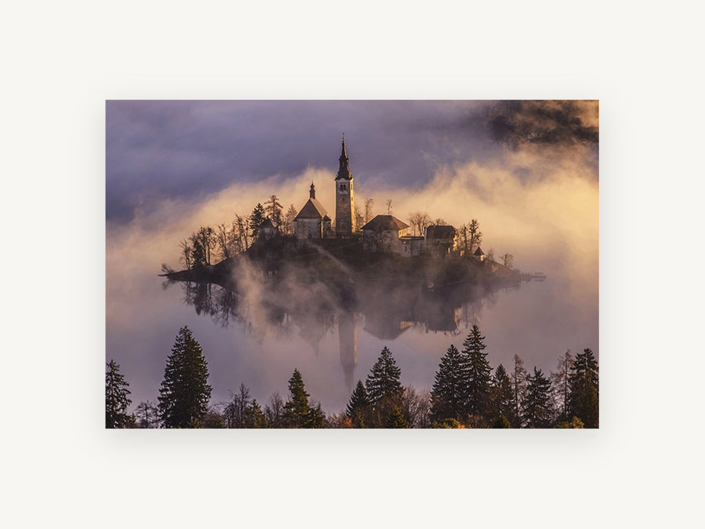 Island Church Dawn, misty island church lake photograph, landscape canvas wall art print, front view