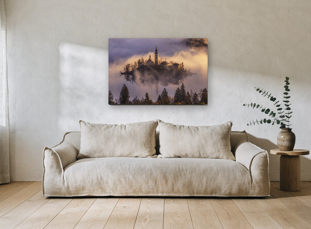 Island Church Dawn landscape canvas print on the wall of a living room