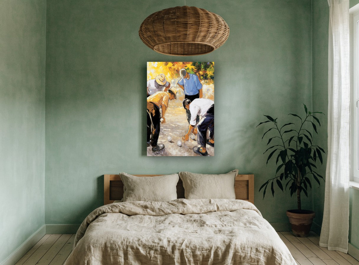 Bocce Players Measuring vintage canvas print on the wall of a bedroom