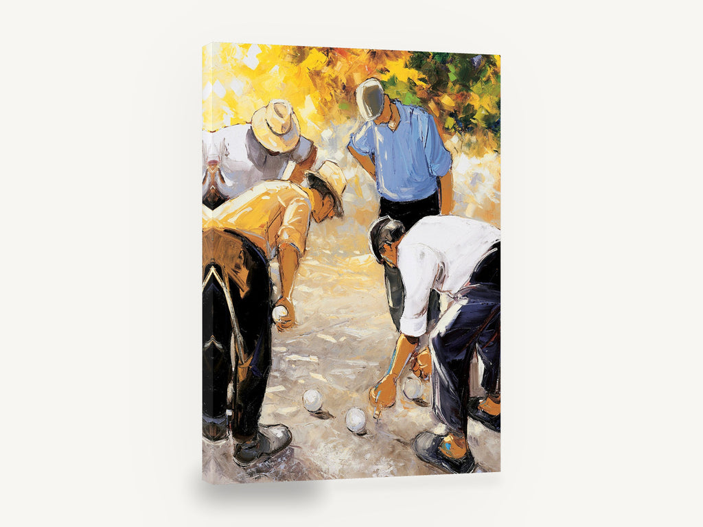 Bocce Players Measuring, retro bocce players game, stretched canvas wall art print ready to hang