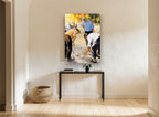 Bocce Players Measuring vintage canvas print on the wall of a hallway